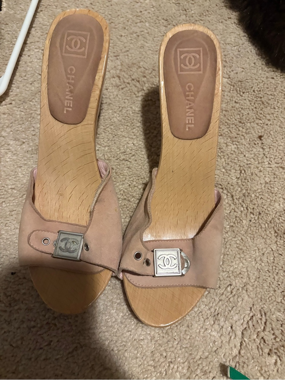 CHANEL Pink Suede Wood-Soled Slide Mules with CC Hardware